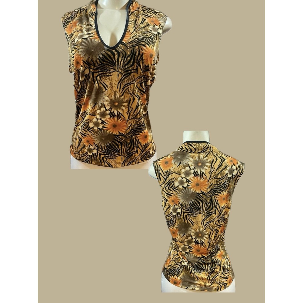 Susan Lawrence L Sleeveless V-Neckline Top Golden Floral Animal Print Stretch